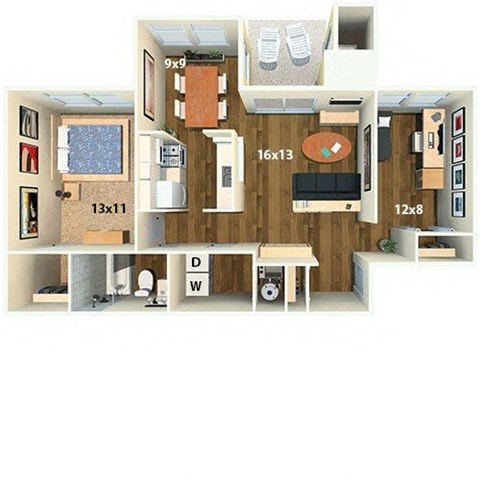 Floor plan for 1 bed, 1 bath, 830 sqft